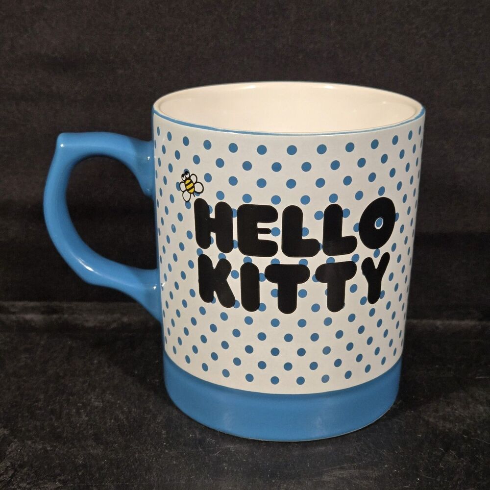 Hello Kitty Sanrio Blue Polka Dot Mug Red Bow Bee Coffee Cup 12oz NEW